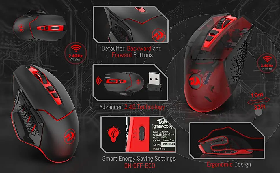 Redragon M690-1 2.4Ghz Wireless Gaming Mouse with DPI Shifting 2 Side Buttons 2400 DPI Ergonomic Design 8 Buttons-Black Mice