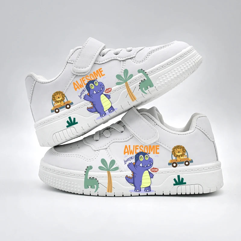 Kids' "Awesome Dino" White Sneakers: Lightweight Breathable Sport Shoes with Hook & Loop