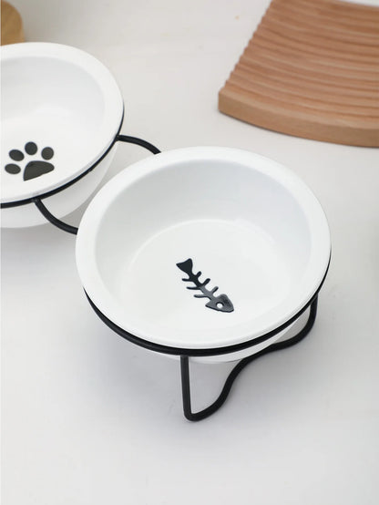 1 Set Elevated Ceramic Cat Bowls 1 Set Non-Slip Ceramic Cat Food And Water Bowls With Iron Bracket, Elevated Tilted Cat Feeder