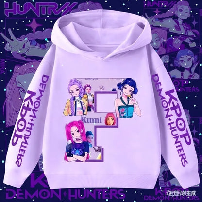 Hoodie for children with letters A-Z, Kpop Demon Hunters sportswear for girls, casual top for autumn and winter long sleeve