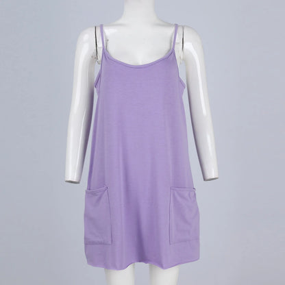 Women's Tennis Dress Solid Color Pocket Sexy Suspender Fake Two-piece Loose Breathable Comfortable Sports Dress