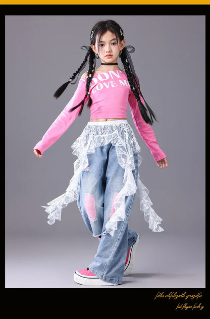 Girls Hip Hop Off Shoulder Crop Top ‌Street Dance Skirts Cargo Pants Children Streetwear Jeans Kids K-pop Girl Group Clothes Set