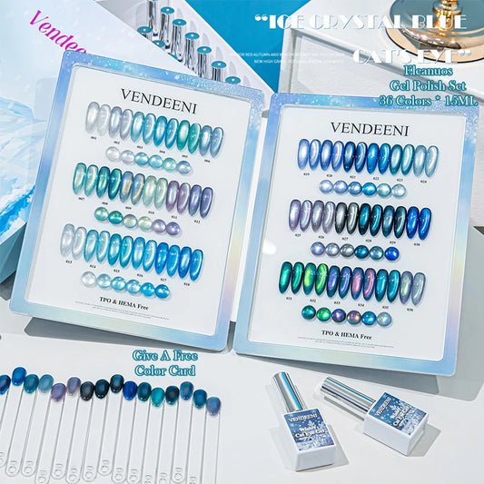 Cat Eye Gel Nail Polish 36 Colors Glacier & Island Blue Trendy Super Bright Glass Bead High Shine Long Lasting Soak Off UV LED