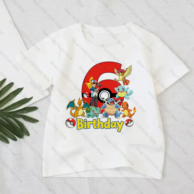 Pokémon Anime Printed T-Shirt Boys Girls Birthday Number 1-10 Clothes Fashion Figure Short-sleeved Kids Summer Birthday Gift