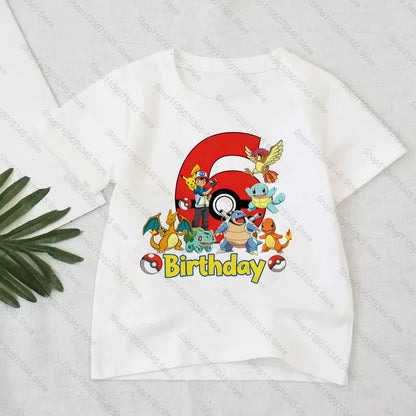 Pokémon Anime Printed T-Shirt Boys Girls Birthday Number 1-10 Clothes Fashion Figure Short-sleeved Kids Summer Birthday Gift
