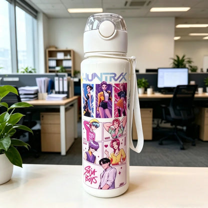 Kids' K-Pop HUNTRX "White Edition" 700ML Water Bottle: 3D Comic Art Leak-Proof Flask