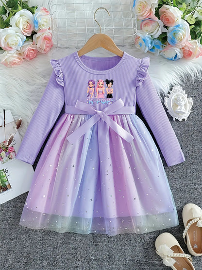 Girls' K-POP Star Princess Dress: Long Sleeve Ruffle Tutu with Starry Gradient Tulle
