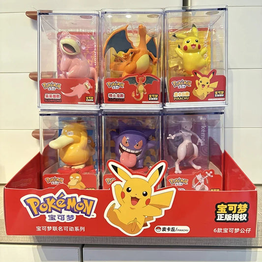 Original Pokemon Action Figure Blind Box 6pcs Set, Pikachu Gengar Dragonite with Acrylic Display Case Collection Children's toys