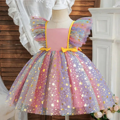 Girls' K-Pop "Starry Gala" Tutu Dress: Rainbow Tulle Gown with Gold Sequins & Ruffle Sleeves