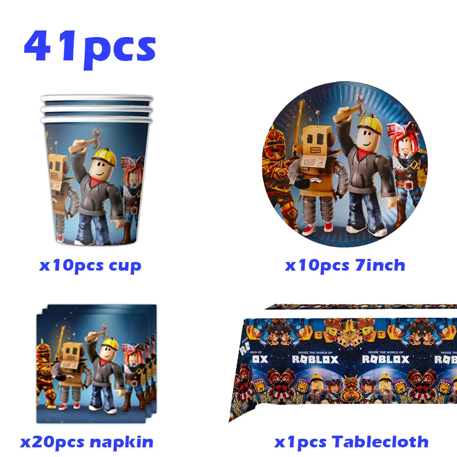 Hot Roblox Disposable Tableware Tableware Set Tablecloth Napkins Candy Box Gift Bag Kids Birthday Party Supplies Gifts