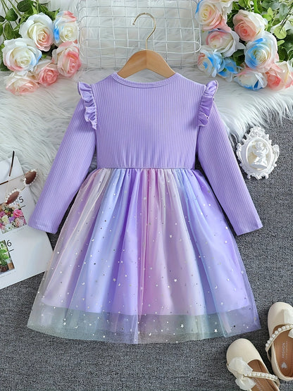 Girls' K-POP Duo Princess Dress: Long Sleeve Ruffle Tutu with Starry Gradient Tulle