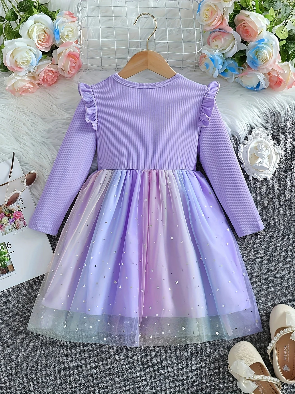 Girls' K-POP Duo Princess Dress: Long Sleeve Ruffle Tutu with Starry Gradient Tulle