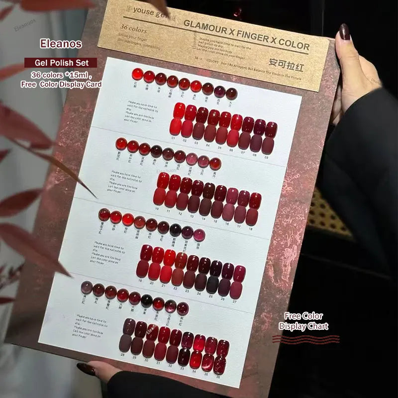 Eleanos Christmas 36pcs Fall Winter Red Gel Nail Polish Set With Color Card Korean Style Gel Kit Nail UV LED Varnishes Nail Art