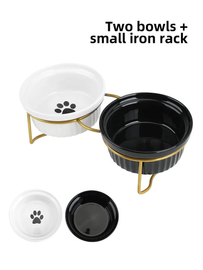 1 Set Elevated Ceramic Cat Bowls 1 Set Non-Slip Ceramic Cat Food And Water Bowls With Iron Bracket, Elevated Tilted Cat Feeder