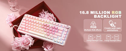 YUNZII B75 PRO Pink Mechanical Gaming Keyboard, Bluetooth/Wire/Wireless 75 Knob RGB Keyboard, Gasket Hot-Swap Custom Creamy Keeb