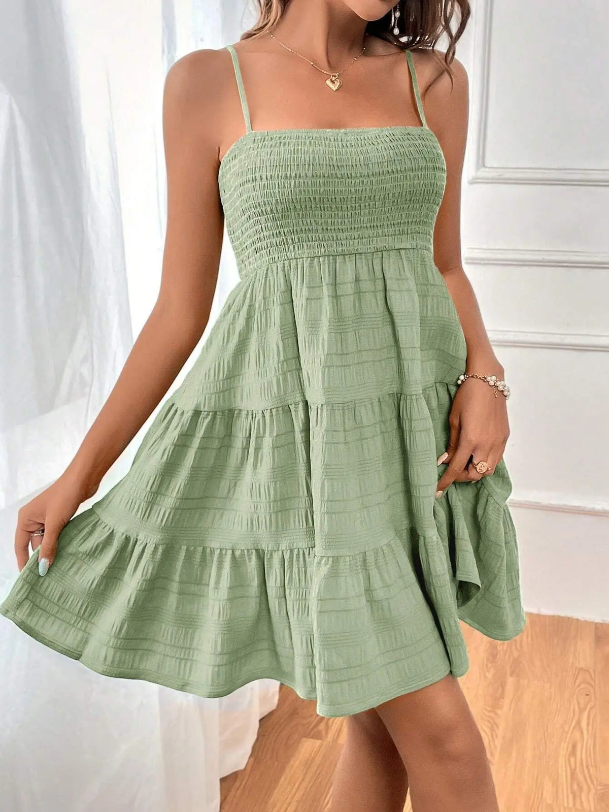 Women's Fashion Spaghetti Strap Smocked Bustier Mini Dress Blue Ruffled Tiered Swing Dress Summer Casual Vacation Beach Wear