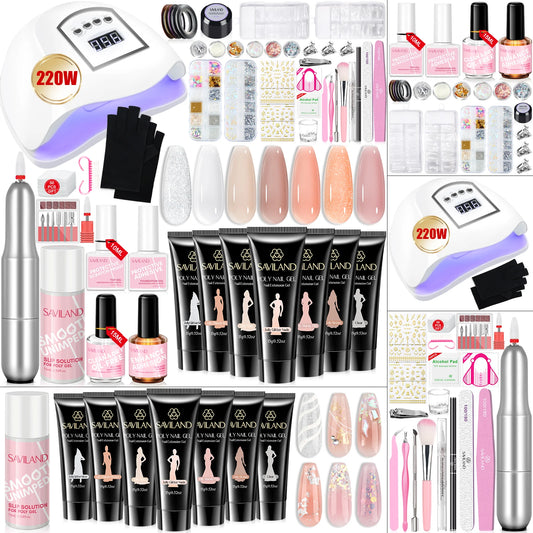Saviland 7 Colors All In One Poly Gel Kit with UV Light Nail Drill Slip Solution for Nail Extension Home Salon DIY
