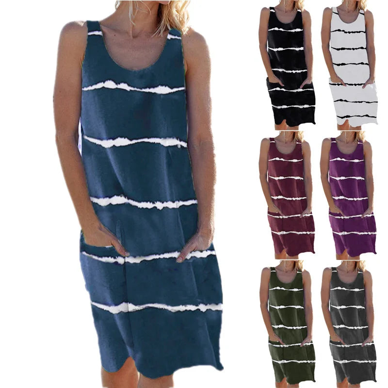 Summer Women's round Neck Printed Striped Vest Dress with Pockets European And United States Style Casual Maxi Dress