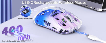 A2 Transparent Wireless Gaming Mouse, BT 5.0/2.4G PC Rechargeable RGB Mice with Digital Screen,PixArt 3212, 5 Adjustable DPI
