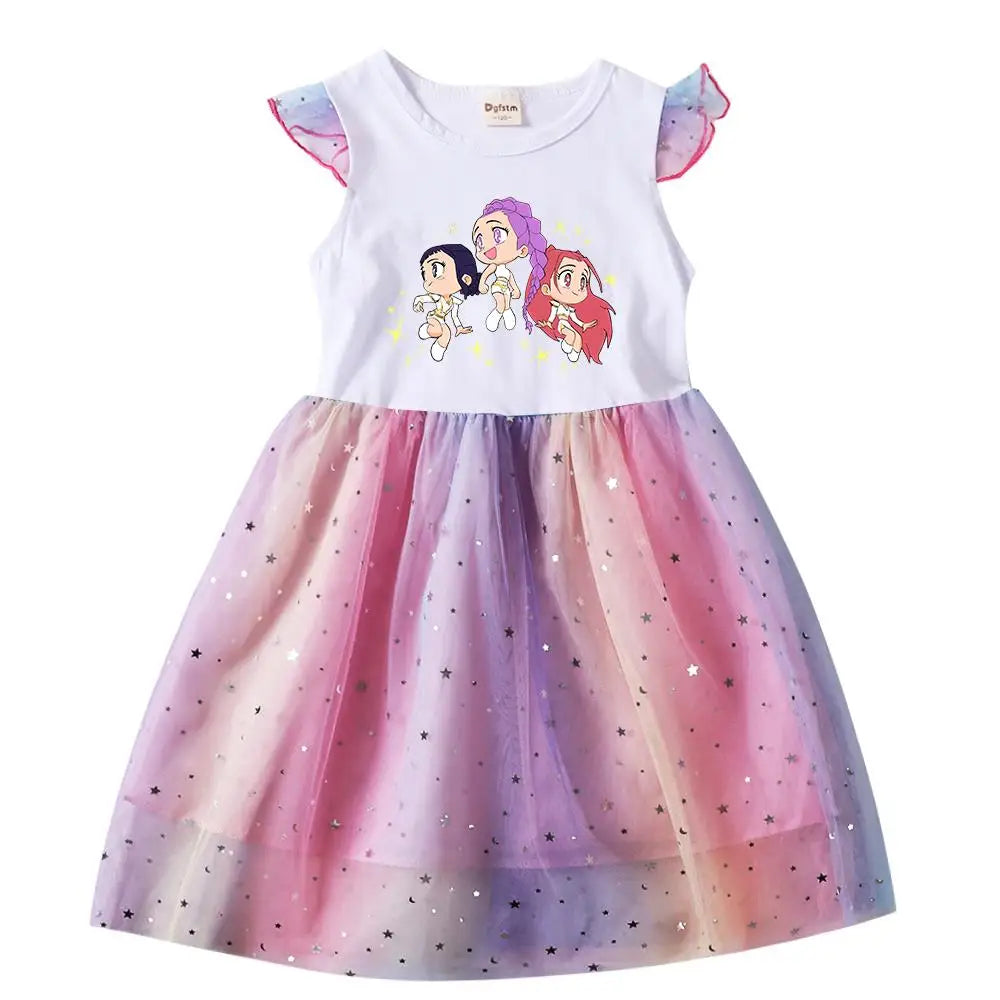 Girls' K-Pop Hunters "Chibi Rainbow" Princess Dress: Flying Sleeve Tutu with Star Sequins