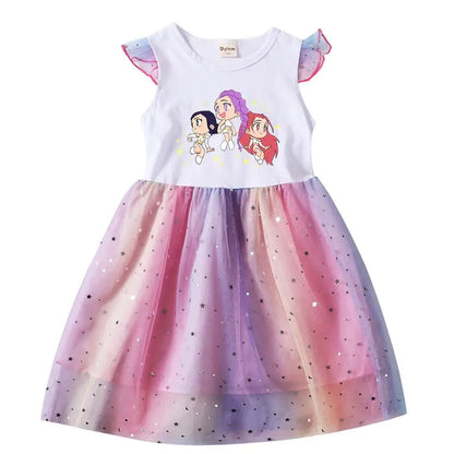 Girls' K-Pop Hunters "Chibi Rainbow" Princess Dress: Flying Sleeve Tutu with Star Sequins