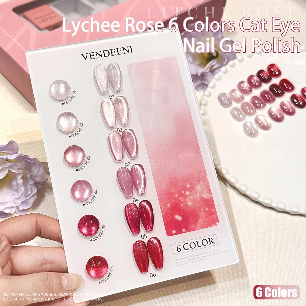 Vendeeni 6 Colors Crystal Cat Eye Gel Nail Polish Set Semi Permanent Sparkling Magnetic UV LED Soak Off Gel Varnish With Display