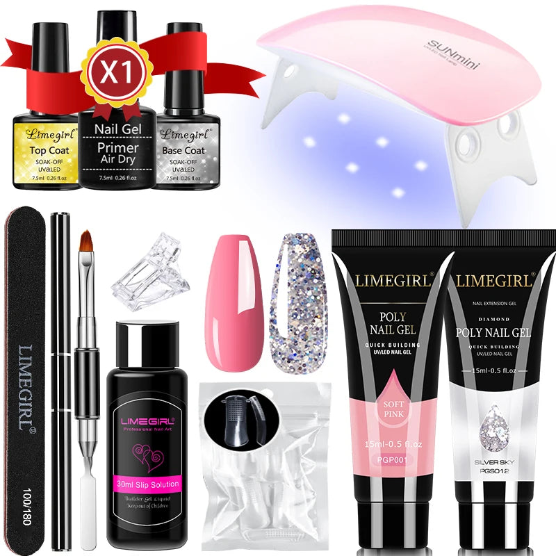 LIMEGIRL 15ml Nail Extension Gel Set with UV LED Light Nail Thickening Sequin Glitter Gel Set Vernis Semi-Permanent Manicure Kit