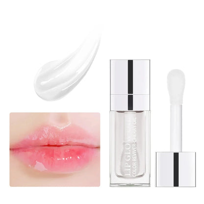 Clear lip gloss with applicator and close-up of lips wearing the gloss on a white background