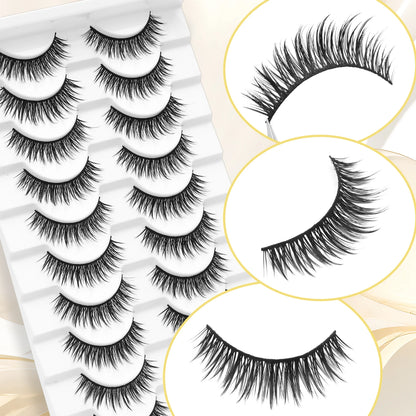 10 pairs of cat-eye false eyelashes, with a natural and thick appearance, length 10-15 millimeters, suitable for beginners