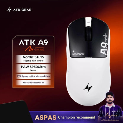 ATK DragonFly A9 Air Ultimate Wireless Gaming Mouse PAW3950 Ultra 42000DPI 750IPS 8KHz RGB Ergonomic Design for Windows MacOs