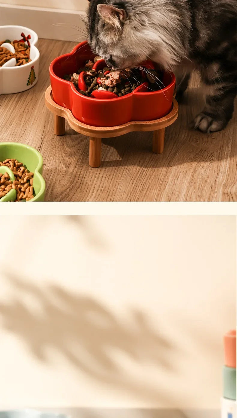 Ceramic Slow Food Bowl Anti-choking Cat Feeding Basin To Prevent Black Chin Small Dog Cat Neck Guard Wooden Frame Slow Food Bowl