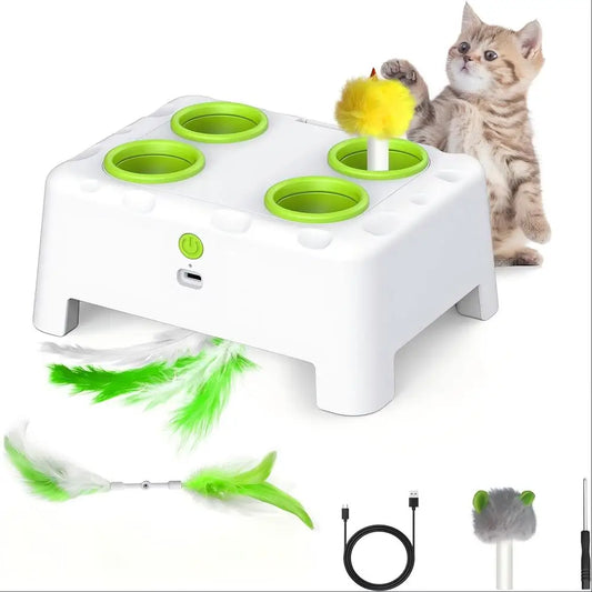 Whack A Mole Automatic Pop-Up Rechargeable Feather Toy for Cats Dogs Interactive Playing Kitten Training Pet Supplies