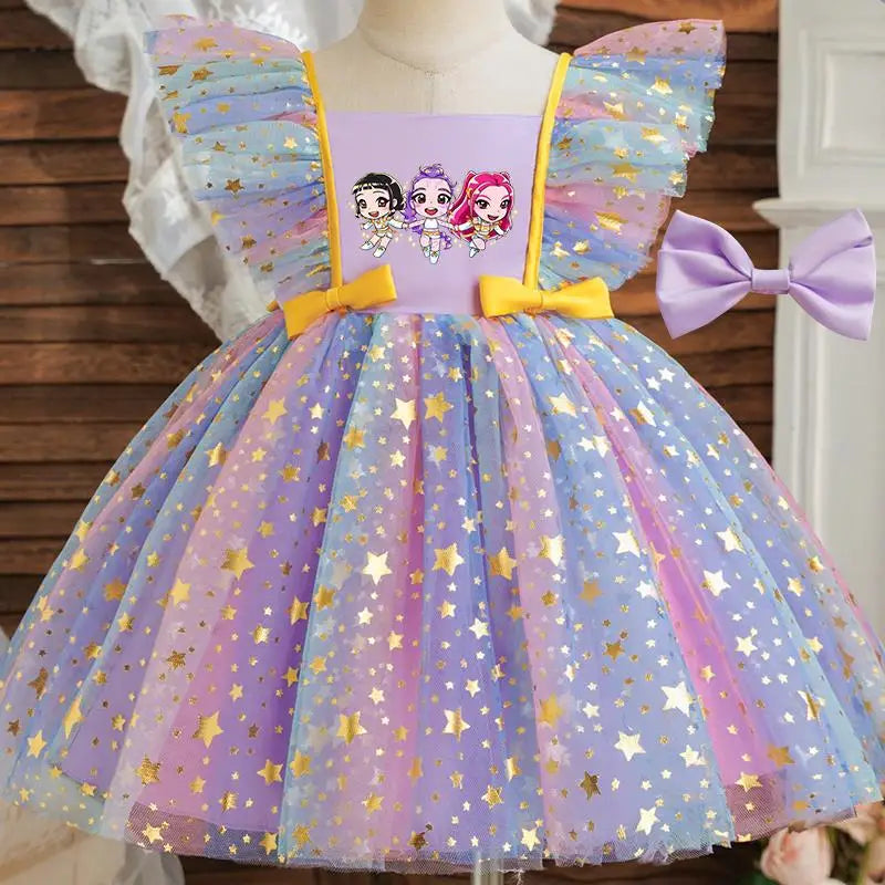 Girls' K-Pop HUNTRX "Holiday Star" Tutu Dress: Rainbow Tulle Gown with Gold Sequins & Ruffle Wings