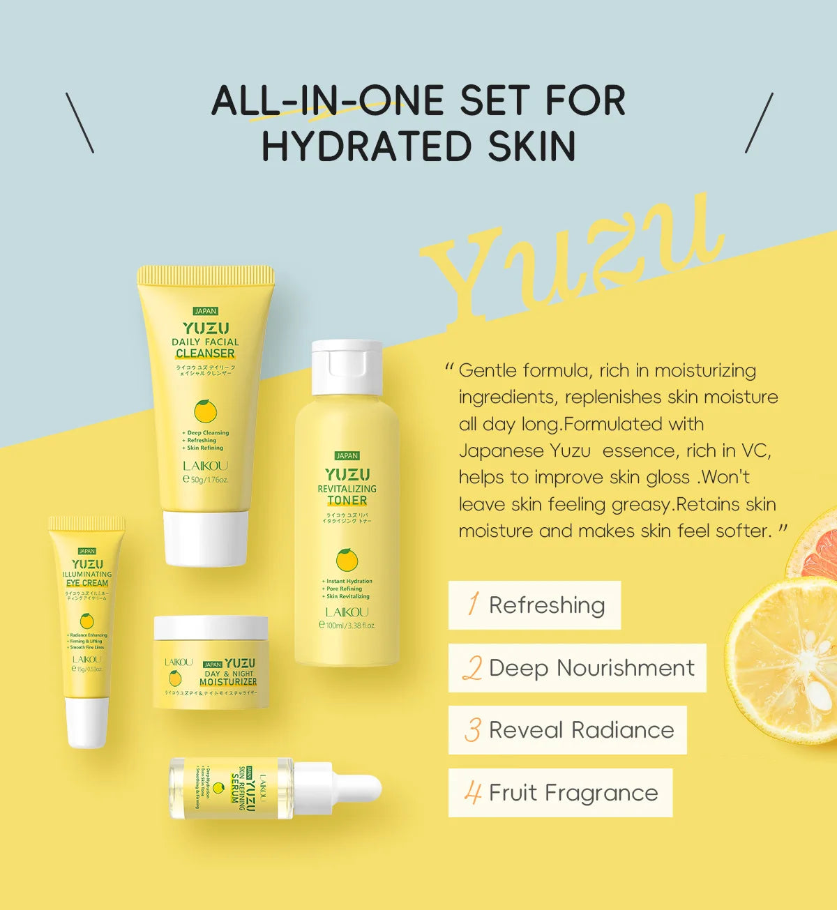LAIKOU Japan Yuzu Skin Care Set: 5-Piece Radiance & Vitamin C Kit