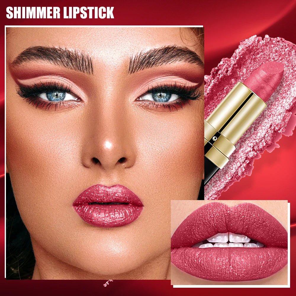 10  Colors Glitter Lipstick Waterproof Long Lasting Diamond Pearlescent Metallic Lipstick Lipgloss Women Lips Makeup Cosmetic