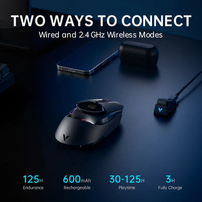 Rapoo VT960PRO Wired/ Wireless Gaming Mouse PAW3395 Sensor 26000 DPI OLED Display 9 Programmable Buttons On-Board Memory Black