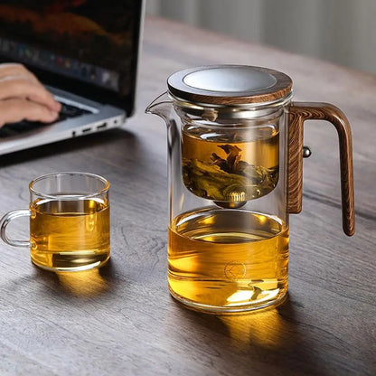 New Water Separation Inner Container Teapot One Click Magnetic Switch Tea Separation Filtration Glass Tea Pot Wood Handle Tea