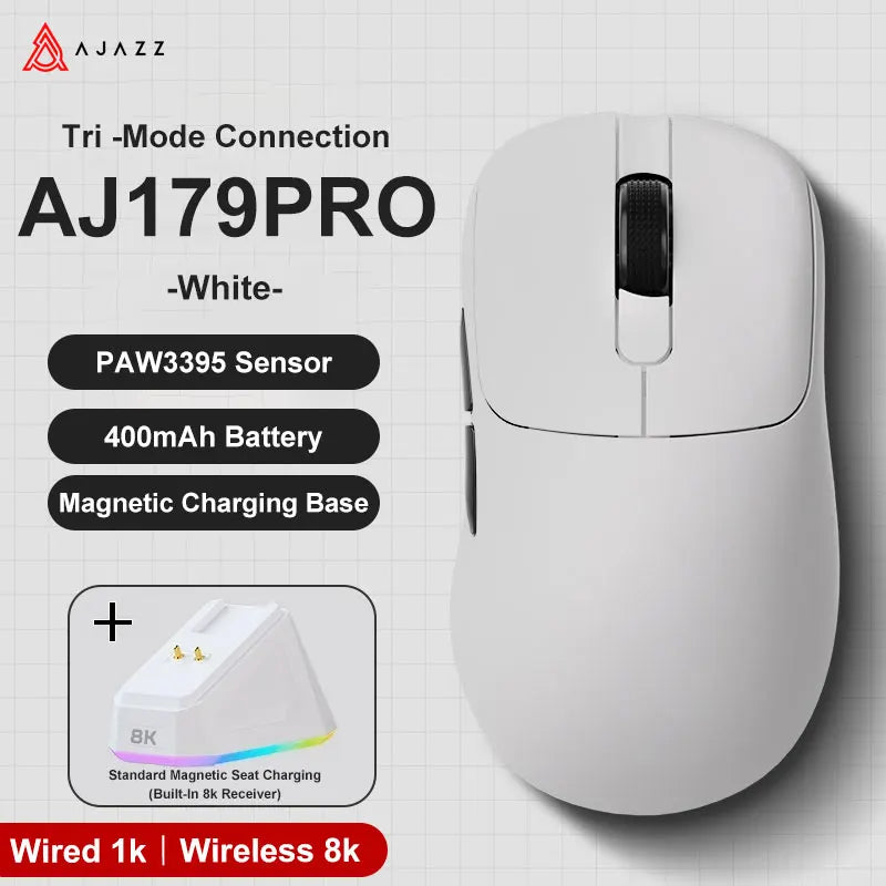 AJAZZ AJ179 PRO PAW3395 Lightweight Wired Wireless Mouse with Magnetic Charging Base Ergonomic Macro Gaming Mouse for PC Laptop