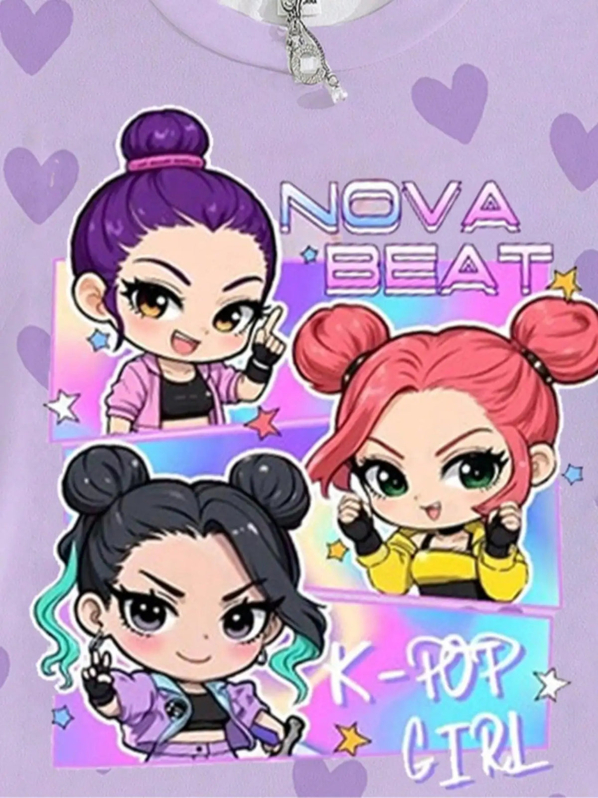 Girls' Nova Beat "Heart Pattern" Graphic Tee: Purple Chibi Idol Summer T-Shirt