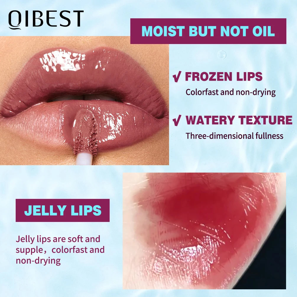 QIBEST Crystal Lip Gloss Mirror Watery Lip Glaze Long Lasting Moisturizing Lip Balm Plumping Gloss Oil Hydrating Makeup Lip Tint