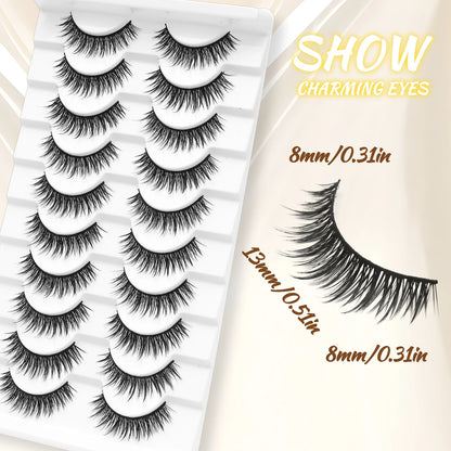 10 pairs of cat-eye false eyelashes, with a natural and thick appearance, length 10-15 millimeters, suitable for beginners