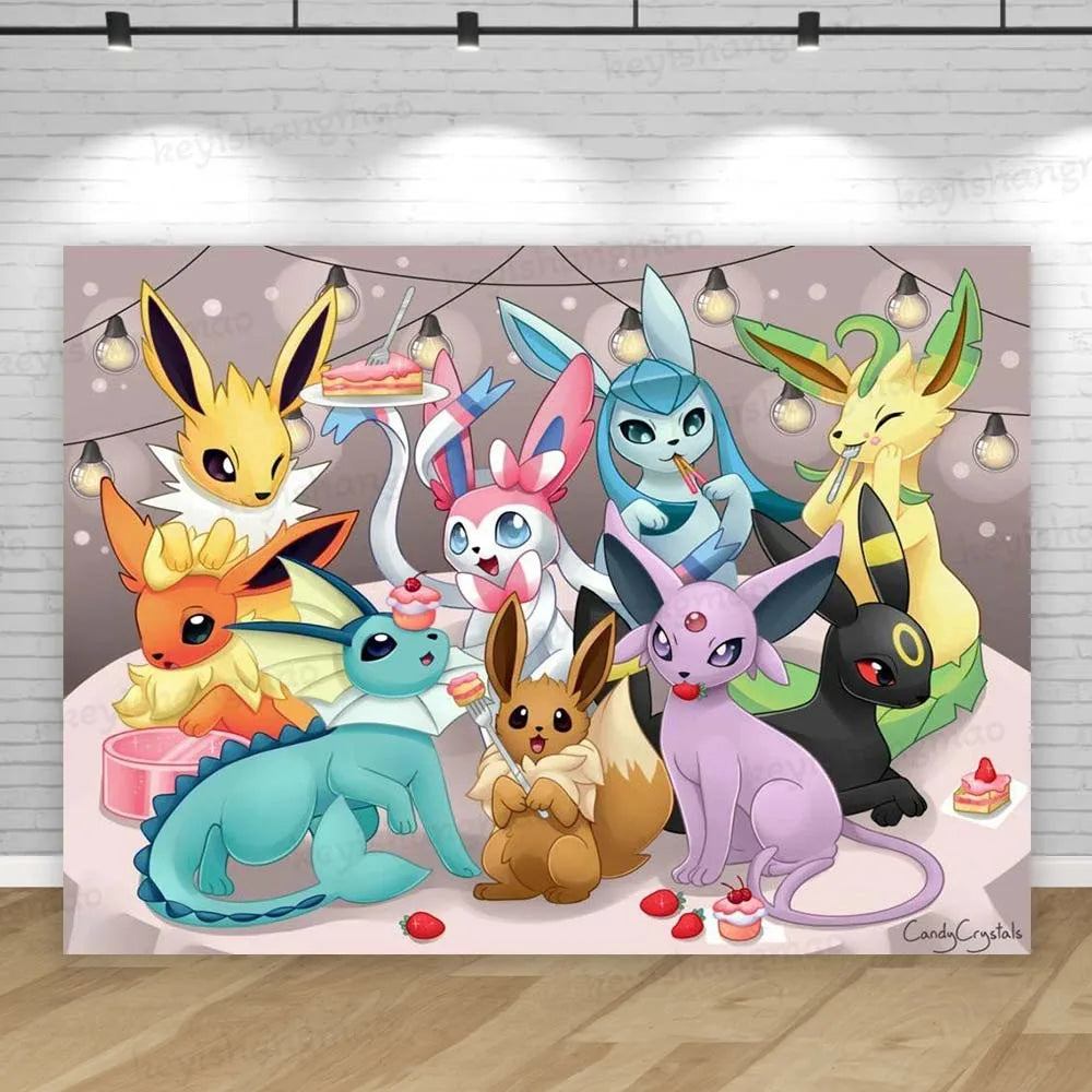 Eevee Family Pokemon Backdrop Cute Girl Princess Birthday Party Background Photography Bedroom Wall Hanging Photo Banner Decor