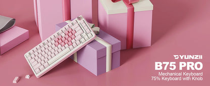 YUNZII B75 PRO Pink Mechanical Gaming Keyboard, Bluetooth/Wire/Wireless 75 Knob RGB Keyboard, Gasket Hot-Swap Custom Creamy Keeb