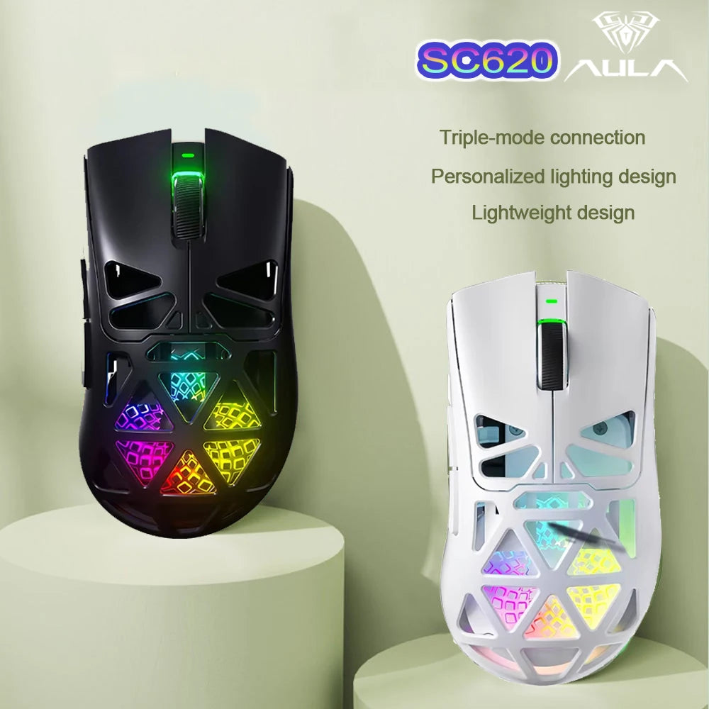 AULA SC620 Wireless Gaming Mouse, Lightweight Design, Multiple Lighting Effects, Customizable Fire Button, Optical Movement Dete