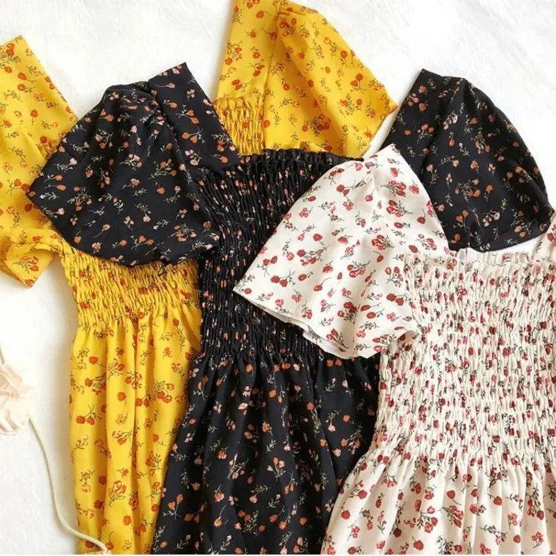 Floral Chiffon Smocked Midi Dress: Butterfly Sleeve Square Neck A-Line Gown