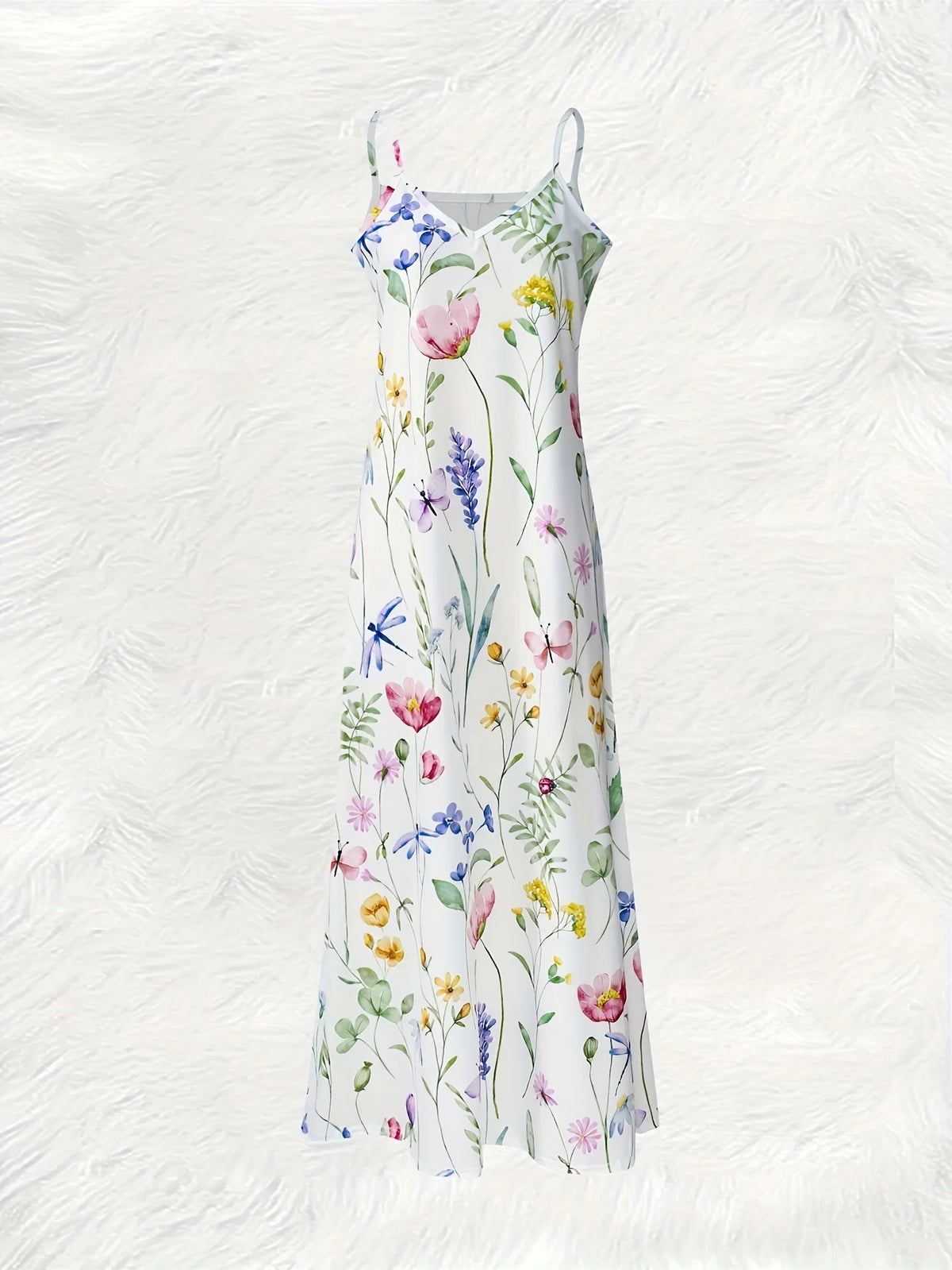 Printed Design Four Seasons casual style Floral Pattern With Butterflies And Leaves V-neck sling dress