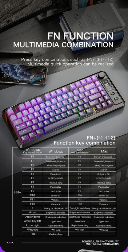 FREEWOLF M75 Wireless Keyboard, Bluetooth Dual-mode, PBT Gradient Ball Cap, With Display Screen, Gaming Keyboard