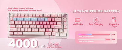 YUNZII B75 PRO Pink Mechanical Gaming Keyboard, Bluetooth/Wire/Wireless 75 Knob RGB Keyboard, Gasket Hot-Swap Custom Creamy Keeb
