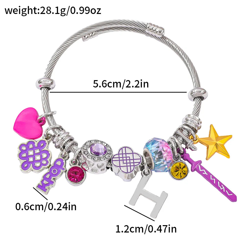 2026 New K-POP Demon Hunting Girl Group Bracelet for Women, Cartoon Diamond Pendant Open Stainless Steel Bangle, Gift