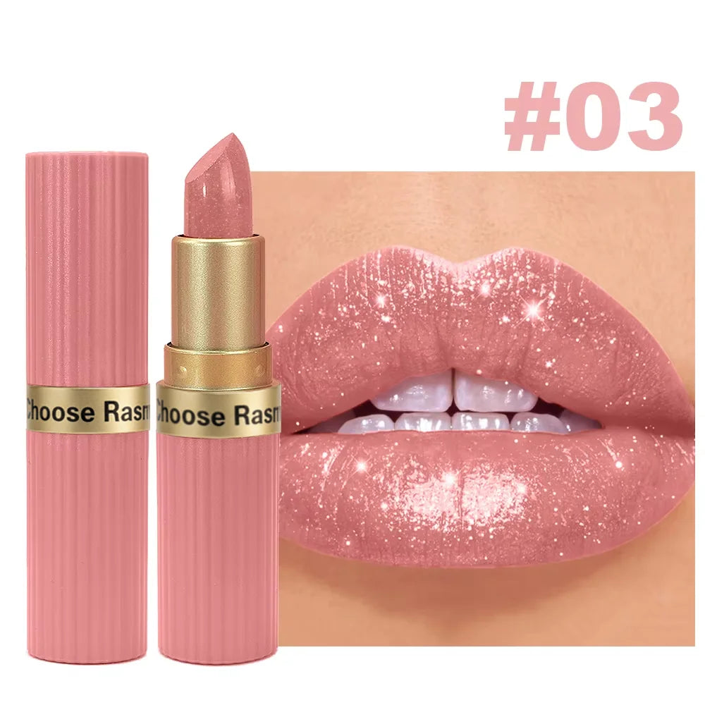 Pearlescent Pink Glitter Velvet Lipstick Metallic Waterproof Long Lasting Matte Shimmer Diamond Lipstick Women Makeup Cosmetic